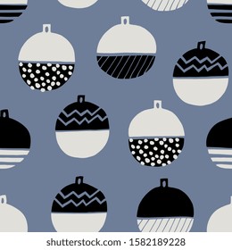 Christmas seamless pattern with baubles in black and white on blue background.
