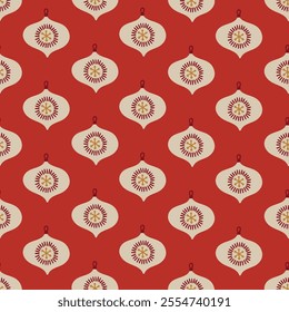 Christmas seamless pattern with baubles on red background. Perfect for wallpaper, gift paper, winter greeting cards. Vector illustration