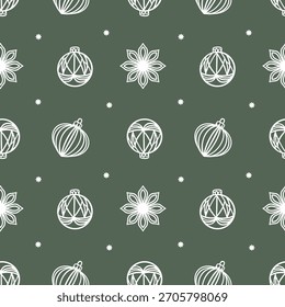 Christmas seamless pattern with baubles and snowflakes on a dark background. Hand drawn vector pastel line art illustration for New Years packaging, textiles and napkins.