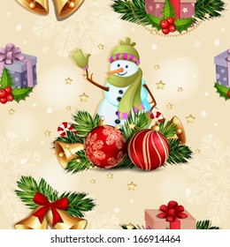 Christmas seamless pattern with Christmas baubles and snowman.