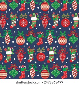 Christmas seamless pattern with baubles and stocking