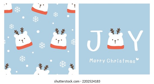 Christmas seamless pattern of  bear with antlers cartoon and snowflakes on blue background. Hand written font with bear cartoon vector illustration. 