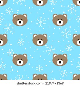 Christmas seamless pattern with bear heads on snowing background. Cute cartoon seasonal surface. Animal character vector illustration.