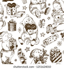 Christmas seamless pattern, bear, rabbit, kitten, pig and gifts with stars and moon, snowflakes. Winter christmas elements for kids. The little pig in a hat and pants is smiling and holding a gift