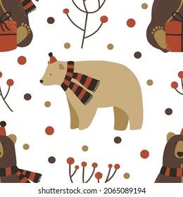 Christmas seamless pattern with bears and branches.