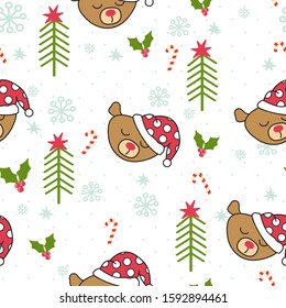 Christmas seamless pattern with bears, fir trees, holly berry and snowflakes. Winter greetings, Christmas and New Year greeting cards.