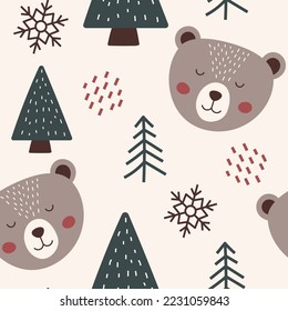 Christmas seamless pattern with bears. Winter pattern with bears, trees and snowflakes. Great for wrapping paper, greeting cards, invitations. Beautiful winter background