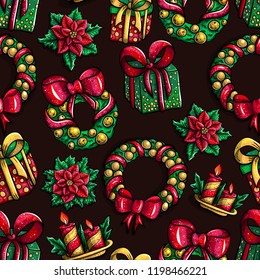 Christmas seamless Pattern Beautiful cartoon illustration Red green and gold colors doodle