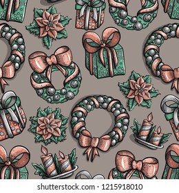 Christmas seamless Pattern Beautiful cartoon illustration Pastel colors doodle on light background
