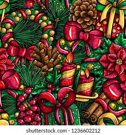 Christmas seamless Pattern Beautiful cartoon illustration Red green and gold colors doodle