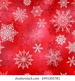 Christmas seamless pattern of beautiful complex white snowflakes on red background. Winter illustration with falling snow.