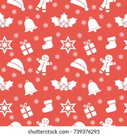 Christmas seamless pattern. Beautiful design with snowflakes, sock, bell, star, gift, hat, advent wreath and cookie. White objects on red background. Vector Illustration. 
