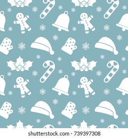 Christmas seamless pattern. Beautiful design with snowflakes, bell, hat, glove, candy cane and cookie. White objects on blue background. Vector Illustration. 