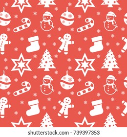 Christmas seamless pattern. Beautiful design with snowman, snowflake, tree, candy cane, sock, star and cookie. White objects on red background. Vector Illustration. 