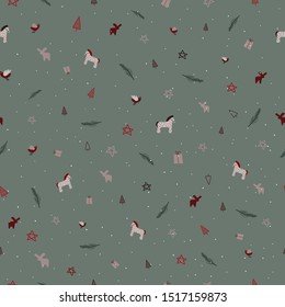 Christmas seamless pattern. Beautiful graphic vector wallpaper. Wrapping paper design template. Christmas decorations on blue background.