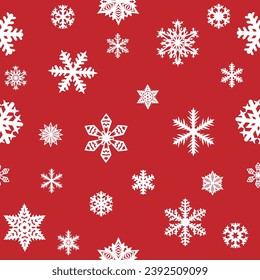 Christmas seamless pattern. Beautiful snowflakes on red background. Vector illustration