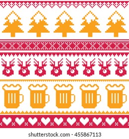 Christmas seamless pattern with beer, reindeer and trees - red and orange isolated on white