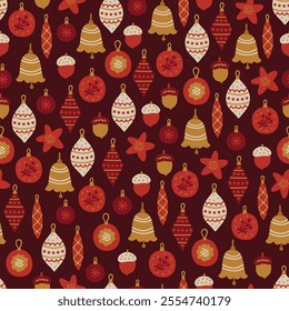 Christmas seamless pattern with bells, balls, acorns, flowers, snowflakes on dark red background. Perfect for wallpaper, gift paper, winter greeting cards. Vector illustration