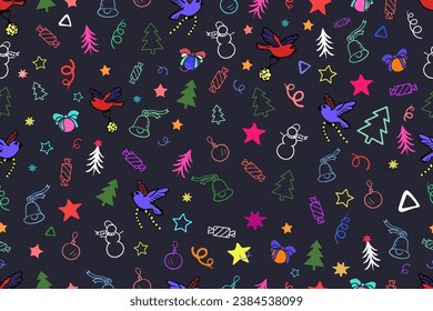 Christmas, seamless pattern, bells, candies, trees, stars, snowman, birds, Christmas balls. For banners, posters, wrapping paper, cards, menus