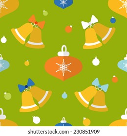 Christmas seamless pattern with bells and decorations in flat style