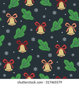 Christmas seamless pattern with bells, fir branches and snowflakes on dark background. Perfect for wallpaper, wrapping paper, pattern fills, Christmas and New Year greeting cards.