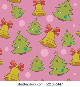 Christmas seamless pattern with bells and Christmas trees.happy Christmas. the yellow bells. flat design. pink background