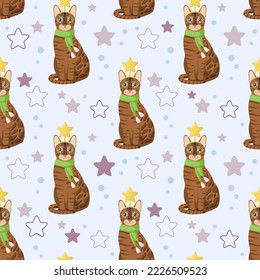 Christmas seamless pattern with Bengal cats. Cartoon design.
