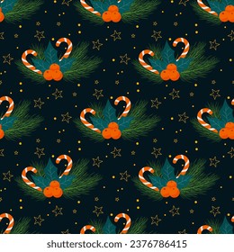 christmas seamless pattern with berries, candy, stars and branches