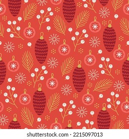Christmas seamless pattern with berries, cones, balls, snowflakes on red background. Perfect for winter greeting card, New Year decoration, wallpaper, wrapping paper, fabric. Vector illustration