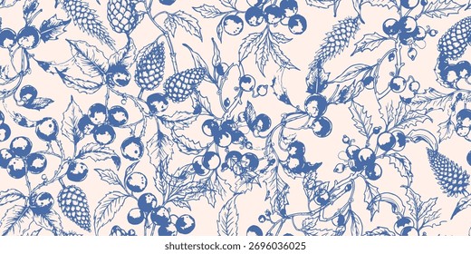 Navidades Patrón sin fisuras con bayas, conos, hojas. Diseño de fondo de Navidad de Vector con Elementos botánicos. Navidades Plantilla inconsútil para la materia textil, tela, tarjeta, Anuncio, diseño de la impresión. No es IA