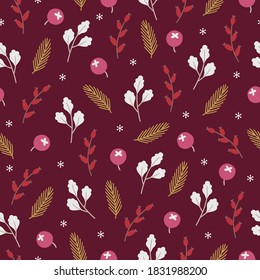 Christmas seamless pattern with berries, fir branches, oak leaves, snowflakes on burgundy red background. Perfect for winter greeting cards, Xmas, New Year decoration. Vector illustration
