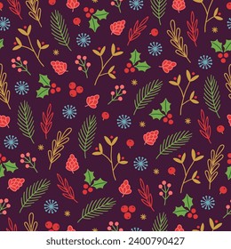 Christmas seamless pattern with berries, fir branches, leaves, snowflakes and cones on dark background. Perfect for wallpaper, gift paper, winter greeting cards. Vector illustration