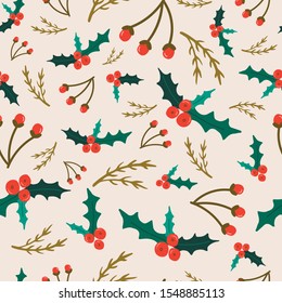 Christmas seamless pattern with berries, florals,  branches. Scandinavian style. Vector illustration