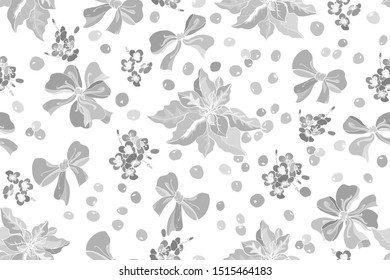 Christmas seamless pattern with berries, flowers, poinsettia and bows on  white background. Black and white. Monochrome. For festive design, wrapping paper, textile, greeting cards. Vector.