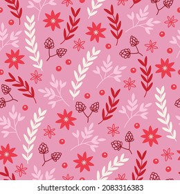 Christmas seamless pattern with berries, flowers, cones, leaves on pink background. Scandinavian style. Perfect for winter holidays, xmas wallpaper, wrapping paper, fabric. Vector illustration