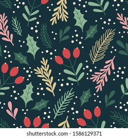 Christmas seamless pattern with berries, holly leaves, snow balls, fir branches. Vector background on dark. Cute illustration for fabric, wrapping paper, postcard design.
