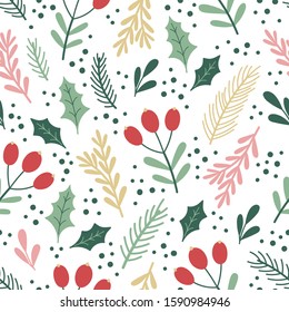 Christmas seamless pattern with berries, holly leaves, snow balls, fir branches. Vector background on white. Cute illustration for fabric, wrapping paper, postcard design.