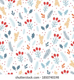 Navidad sin fisuras con bayas, hojas huecas, bolas de nieve, ramas de abetos. Fondo vectorial sobre blanco. Ilustración de tela, papel envolvente, diseño postal.