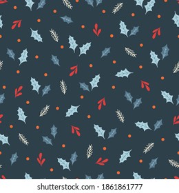 Christmas seamless pattern with berries, holly leaves, fir branches. Vector background on dark. Cute illustration for fabric, wrapping paper, postcard design.
