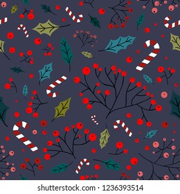 Christmas seamless pattern with berries, leaves and candy canes. Winter holydays inspiration.