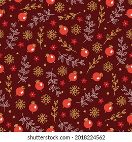 Christmas seamless pattern with berries, leaves, snowflakes on dark background. Scandinavian style. Perfect for winter holidays, xmas wallpaper, wrapping paper, fabric. Vector illustration
