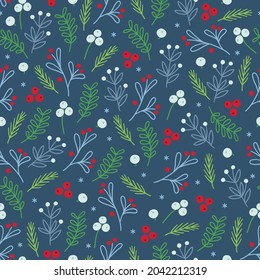 Christmas seamless pattern with  berries, leaves, fir branches on blue background. Scandinavian style. Perfect for winter holidays, xmas wallpaper, wrapping paper, fabric. Vector illustration