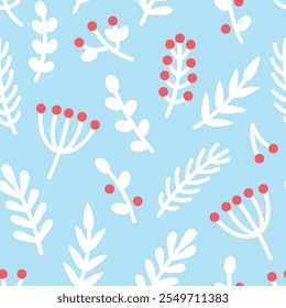 Christmas seamless pattern with berries and leaves. Holly twigs and berries seamless pattern. Christmas, Holiday template with floral background. Universal abstract template. Light blue backdrop