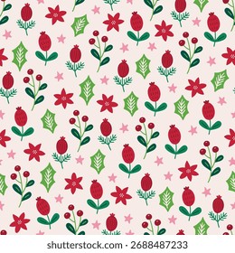 Navidades sin patrón con bayas, hojas, flores y copos de nieve sobre fondo blanco. Perfecto para el Fondo de pantalla, papel de regalo, tarjetas de felicitación. Vector dibujado a mano ilustración