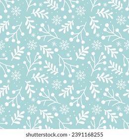 Christmas seamless pattern with berries, snowflakes, leaves and branches on a light turquoise background.