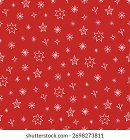 Christmas seamless pattern with berries, snowflakes and stars on red background. Perfect for wallpaper, gift paper, winter greeting cards. Vector outline hand drawn illustration
