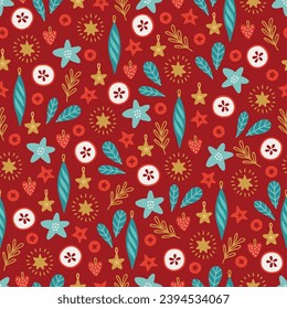 Navidad sin fisuras con bayas, estrellas, corazones, baudias sobre fondo rojo oscuro. Perfecto para papel pintado, papel de regalo, tarjetas de felicitación de invierno. Ilustración del vector