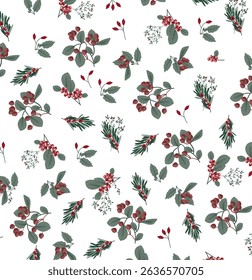 Christmas Seamless Pattern With  Berries White Background, Winter Pattern With White Backgrounds