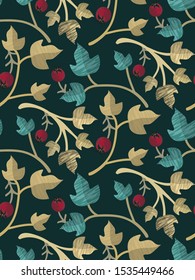 Christmas seamless pattern with berries of the wild roses, Golden, and green leaves on a dark background. New-year elegant floral print. Vector template for holiday cards, wrapping paper, packaging.