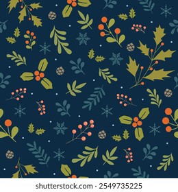 Christmas seamless pattern with berry branch and leaves on blue background. Design for winter holidays season. wrapping paper. Vector illustration